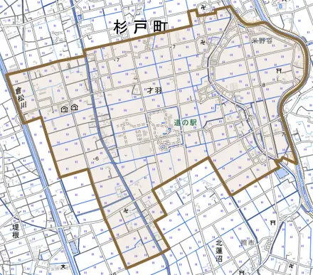 大字才羽とその周辺の地図。町の範囲を重ねている