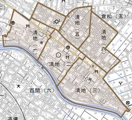 清地とその周辺の地図。町の範囲を重ねている