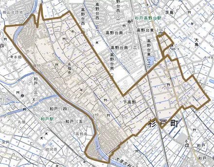 大字下高野とその周辺の地図。町の範囲を重ねている