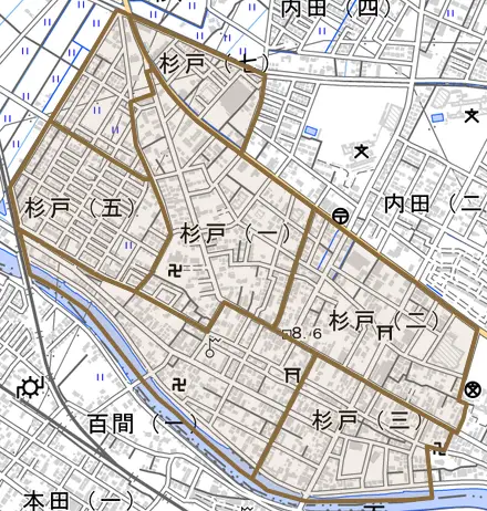 杉戸とその周辺の地図。町の範囲を重ねている