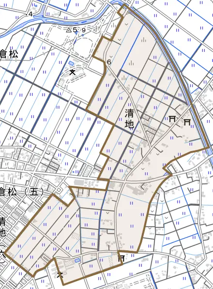 大字清地とその周辺の地図。町の範囲を重ねている