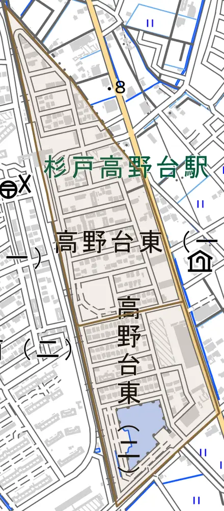 高野台東とその周辺の地図。町の範囲を重ねている