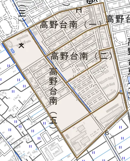 高野台南とその周辺の地図。町の範囲を重ねている