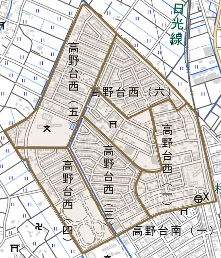 高野台西とその周辺の地図。町の範囲を重ねている