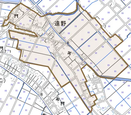 大字遠野とその周辺の地図。町の範囲を重ねている