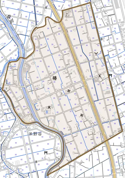 大字椿とその周辺の地図。町の範囲を重ねている