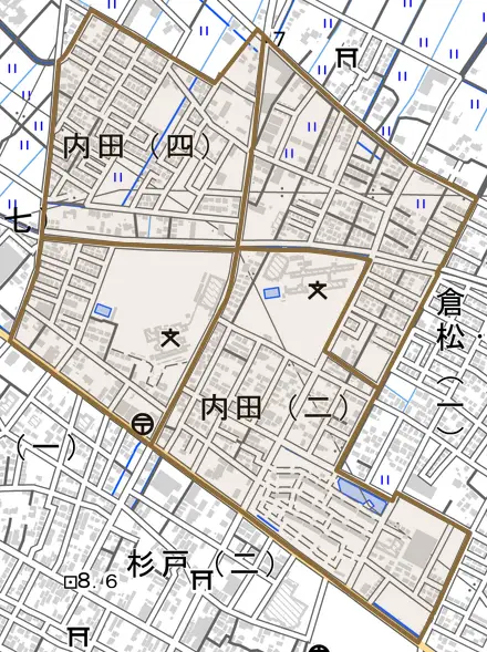 内田とその周辺の地図。町の範囲を重ねている
