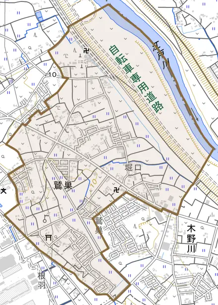 大字鷲巣とその周辺の地図。町の範囲を重ねている