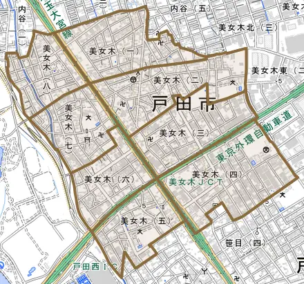 美女木とその周辺の地図。町の範囲を重ねている