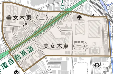 美女木東とその周辺の地図。町の範囲を重ねている