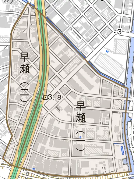 早瀬とその周辺の地図。町の範囲を重ねている