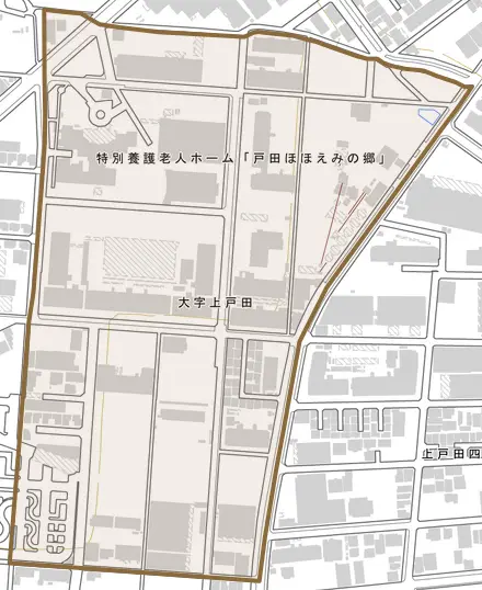 大字上戸田とその周辺の地図。町の範囲を重ねている