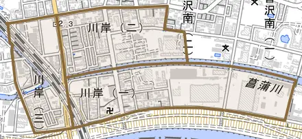 川岸とその周辺の地図。町の範囲を重ねている