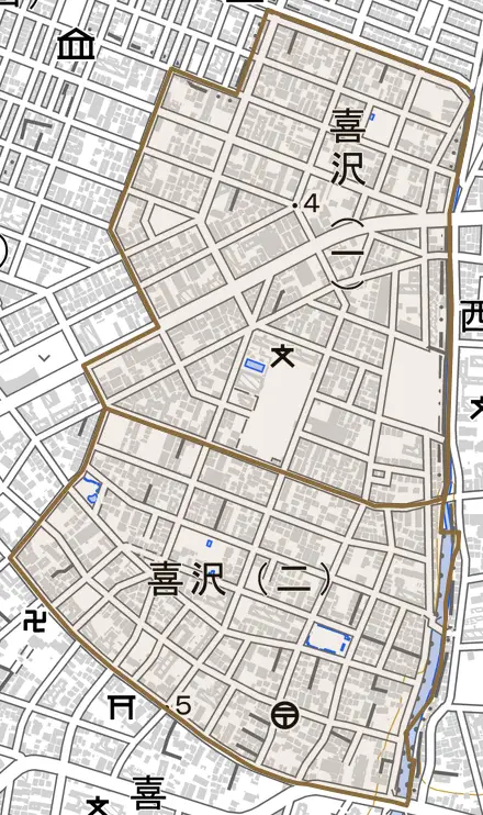 喜沢とその周辺の地図。町の範囲を重ねている