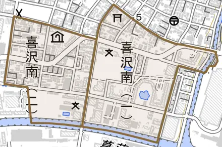 喜沢南とその周辺の地図。町の範囲を重ねている