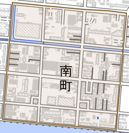 南町とその周辺の地図。町の範囲を重ねている