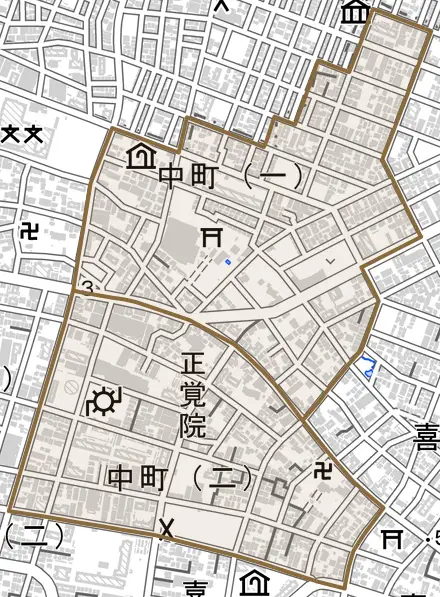 中町とその周辺の地図。町の範囲を重ねている