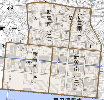 新曽南とその周辺の地図。町の範囲を重ねている