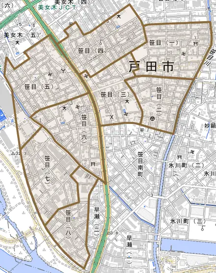 笹目とその周辺の地図。町の範囲を重ねている