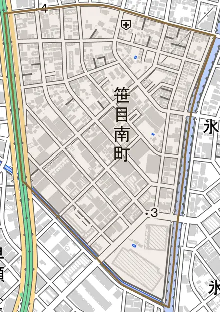 笹目南町とその周辺の地図。町の範囲を重ねている
