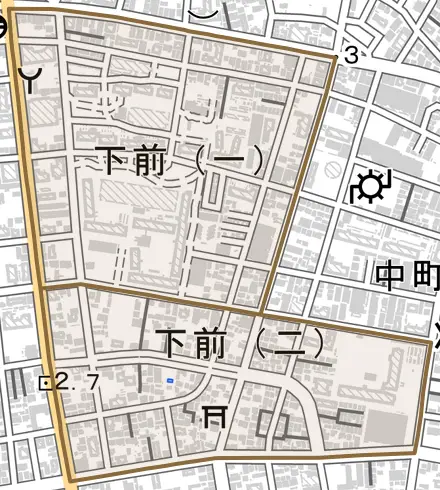 下前とその周辺の地図。町の範囲を重ねている