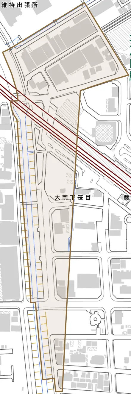 大字下笹目とその周辺の地図。町の範囲を重ねている