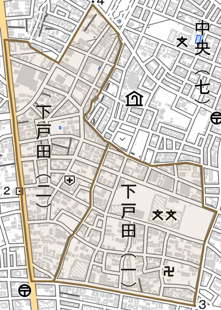 下戸田とその周辺の地図。町の範囲を重ねている