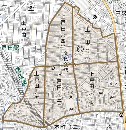 上戸田とその周辺の地図。町の範囲を重ねている