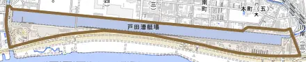戸田公園とその周辺の地図。町の範囲を重ねている