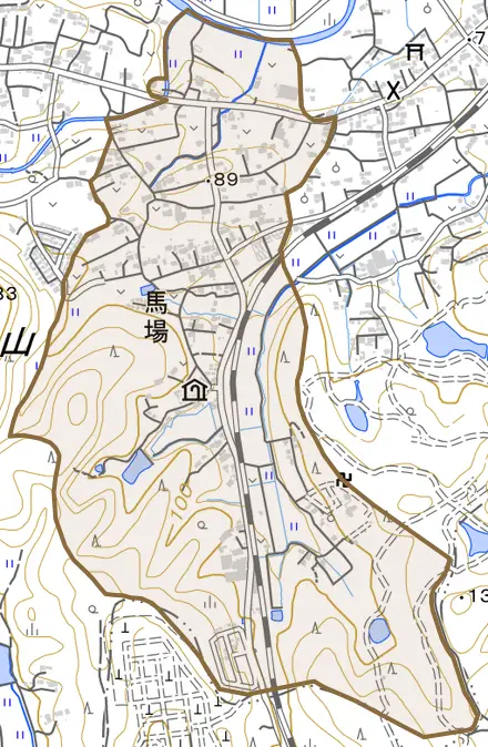 大字馬場とその周辺の地図。町の範囲を重ねている