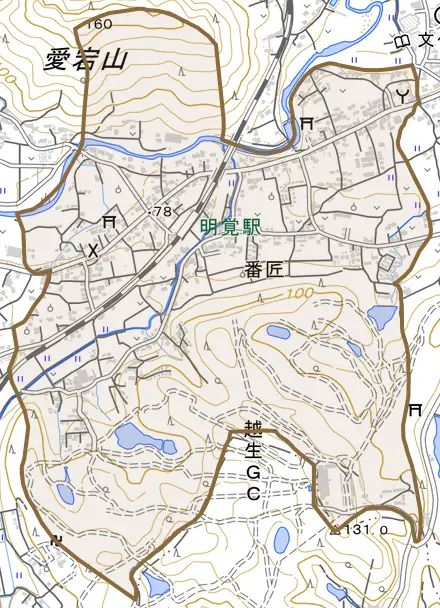 大字番匠とその周辺の地図。町の範囲を重ねている
