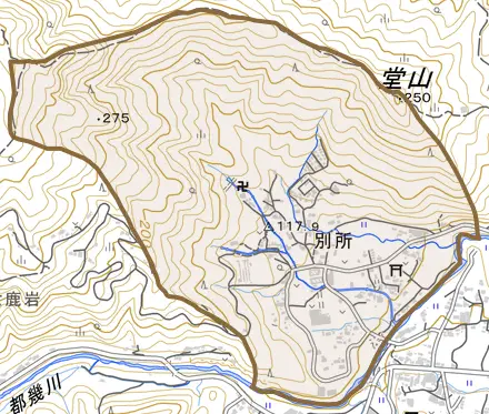 大字別所とその周辺の地図。町の範囲を重ねている