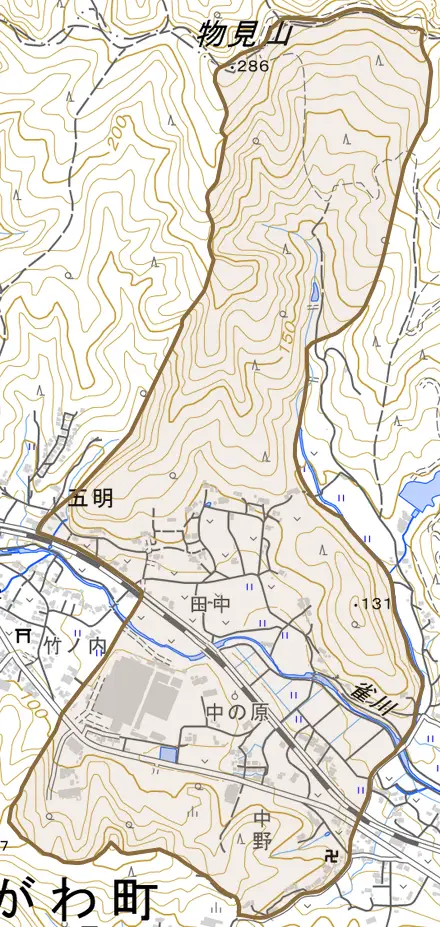 大字五明とその周辺の地図。町の範囲を重ねている