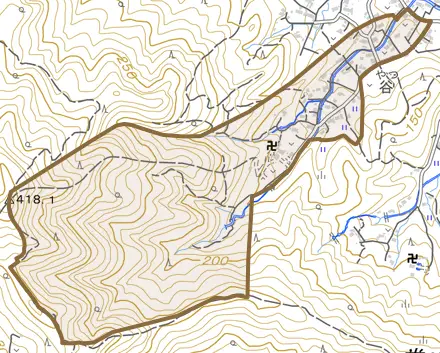 大字日影とその周辺の地図。町の範囲を重ねている