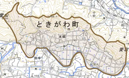大字本郷とその周辺の地図。町の範囲を重ねている