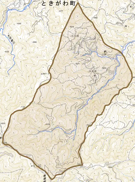 大字椚平とその周辺の地図。町の範囲を重ねている