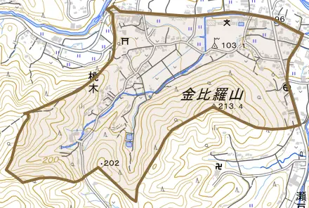 大字桃木とその周辺の地図。町の範囲を重ねている