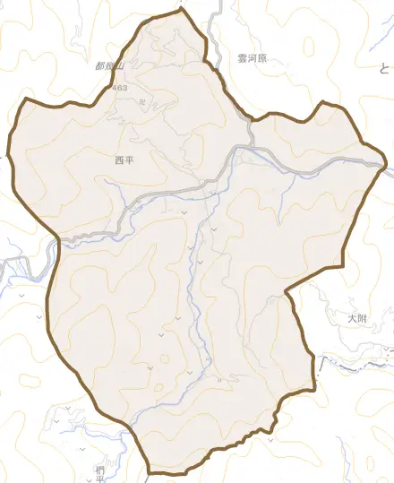 大字西平とその周辺の地図。町の範囲を重ねている