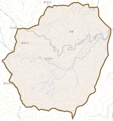 大字大野とその周辺の地図。町の範囲を重ねている