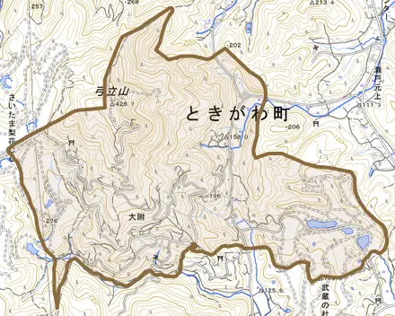 大字大附とその周辺の地図。町の範囲を重ねている