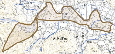 大字田中とその周辺の地図。町の範囲を重ねている