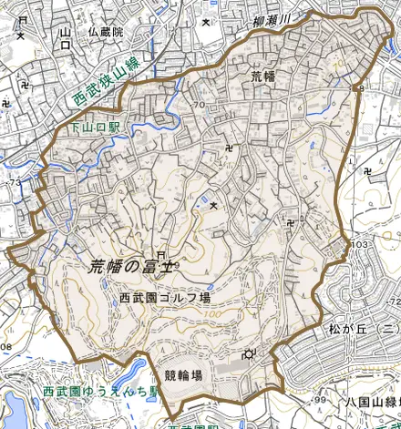 大字荒幡とその周辺の地図。町の範囲を重ねている