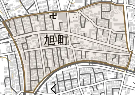 旭町とその周辺の地図。町の範囲を重ねている