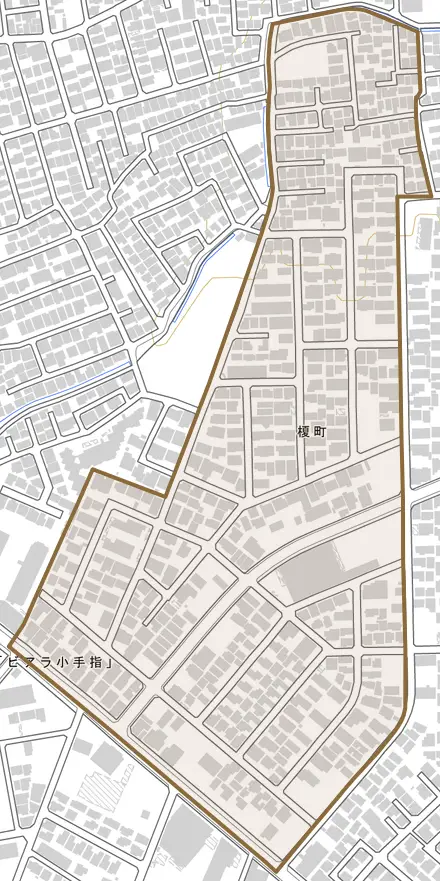 榎町とその周辺の地図。町の範囲を重ねている