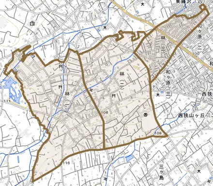 林とその周辺の地図。町の範囲を重ねている