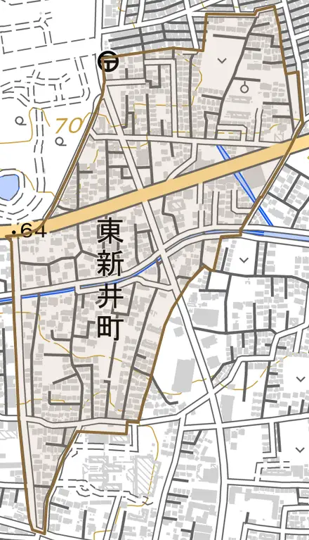 東新井町とその周辺の地図。町の範囲を重ねている