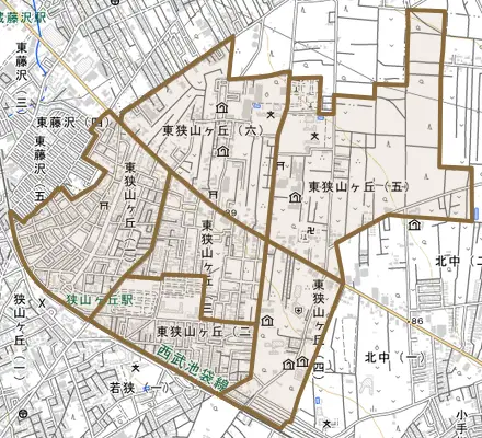東狭山ケ丘とその周辺の地図。町の範囲を重ねている