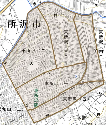 東所沢とその周辺の地図。町の範囲を重ねている