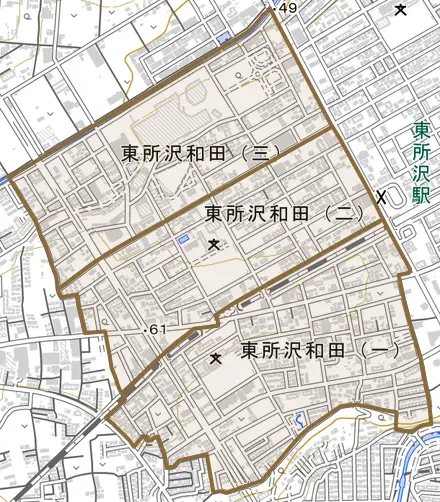 東所沢和田とその周辺の地図。町の範囲を重ねている