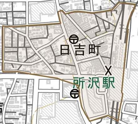 日吉町とその周辺の地図。町の範囲を重ねている